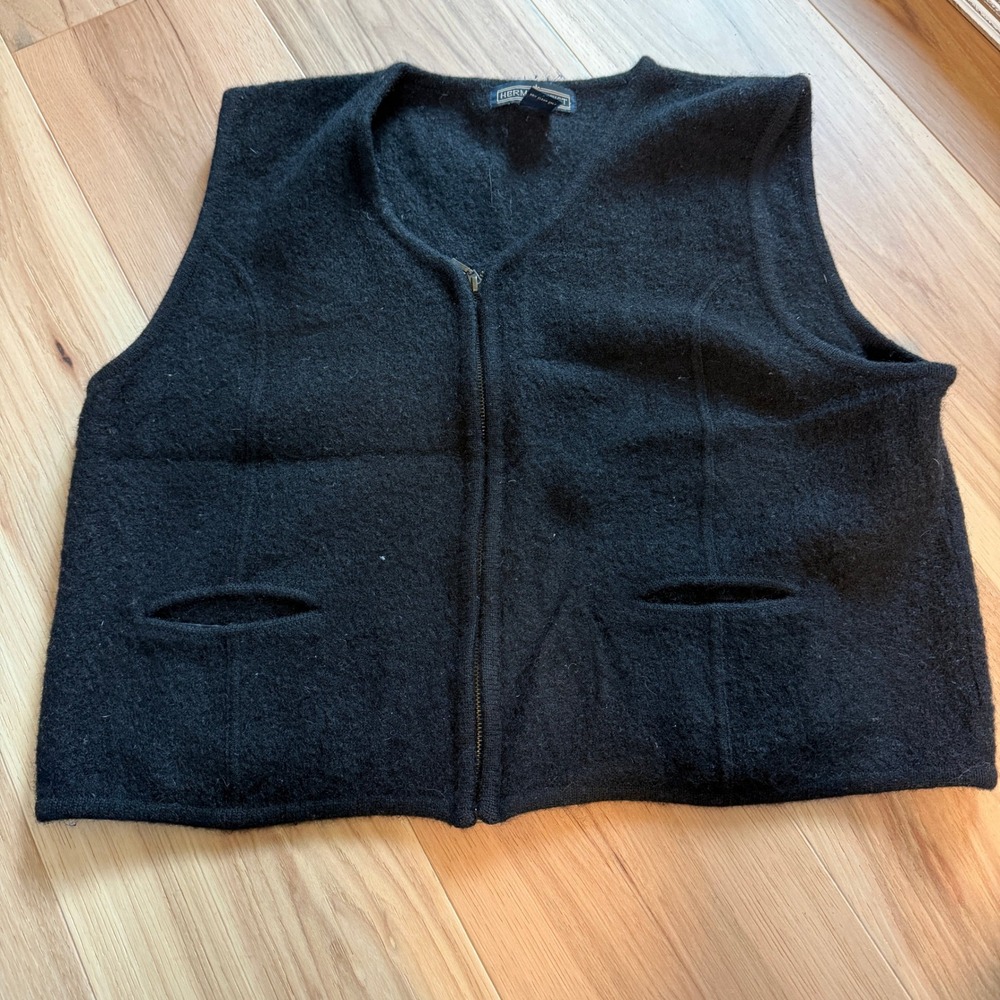 Herman Geist Boiled Wool Vest Womens XL Black Full Zip Front Pockets Vintage